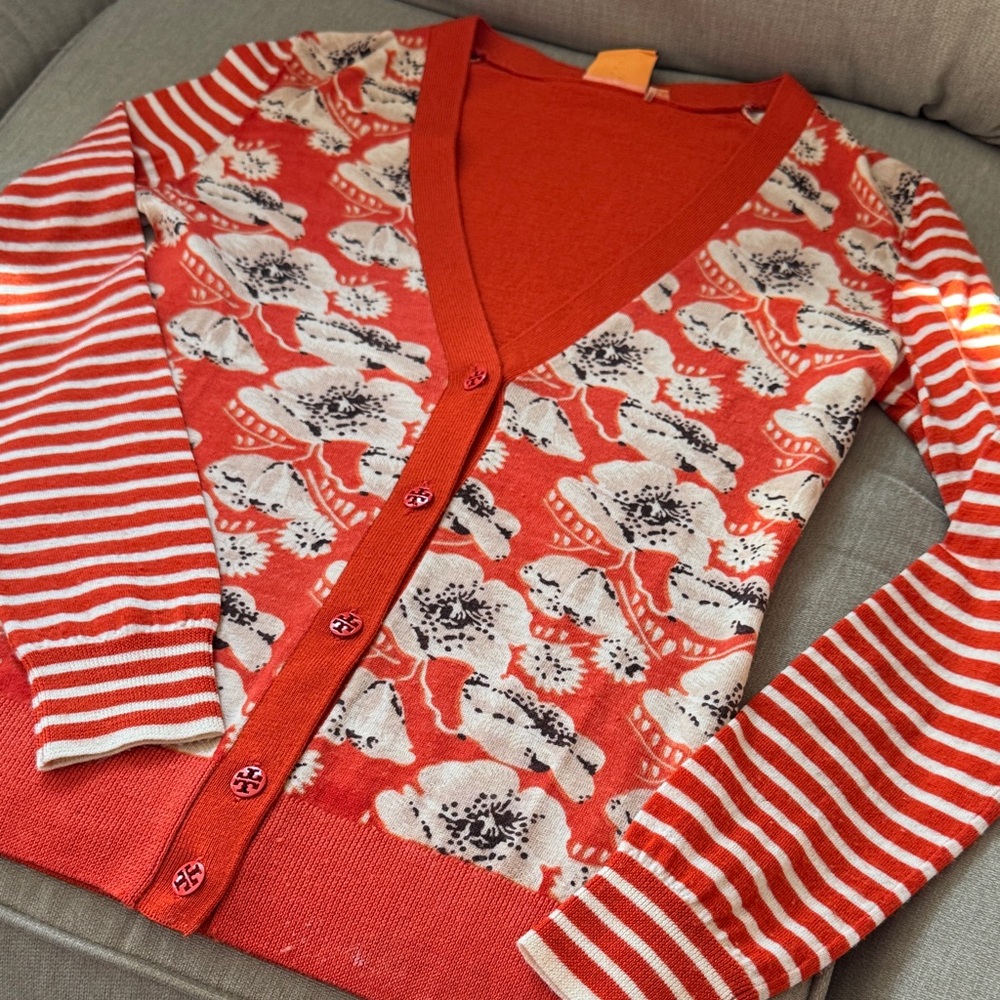 Tory Burch Red Floral Cardigan